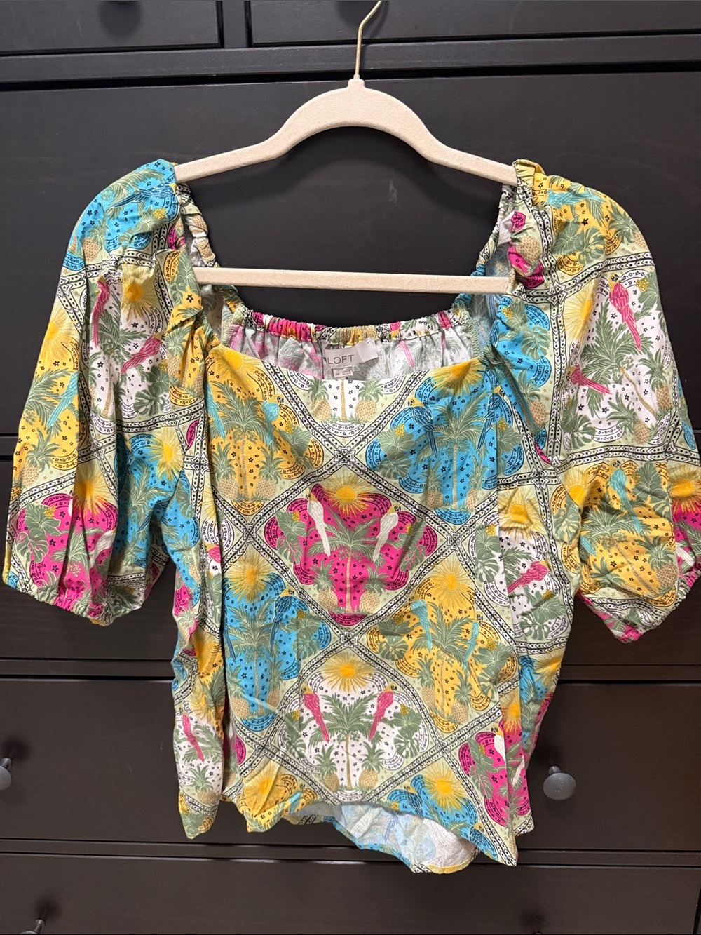 LOFT Tropical Print Puff-Sleeve Square Neck Blouse - Yellow/Blue/Pink